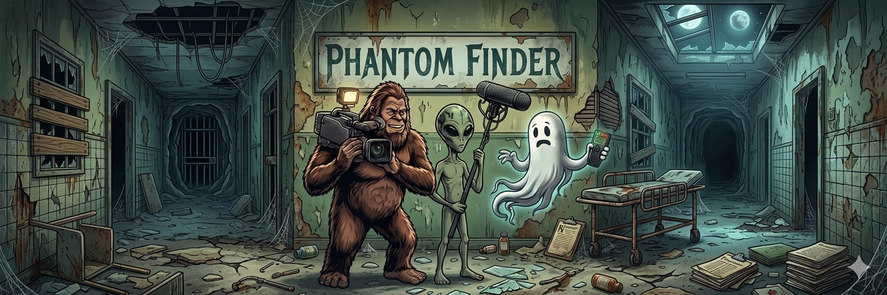 Phantom-Finder artwork — Bigfoot, alien, and ghost characters in a spooky paranormal setting