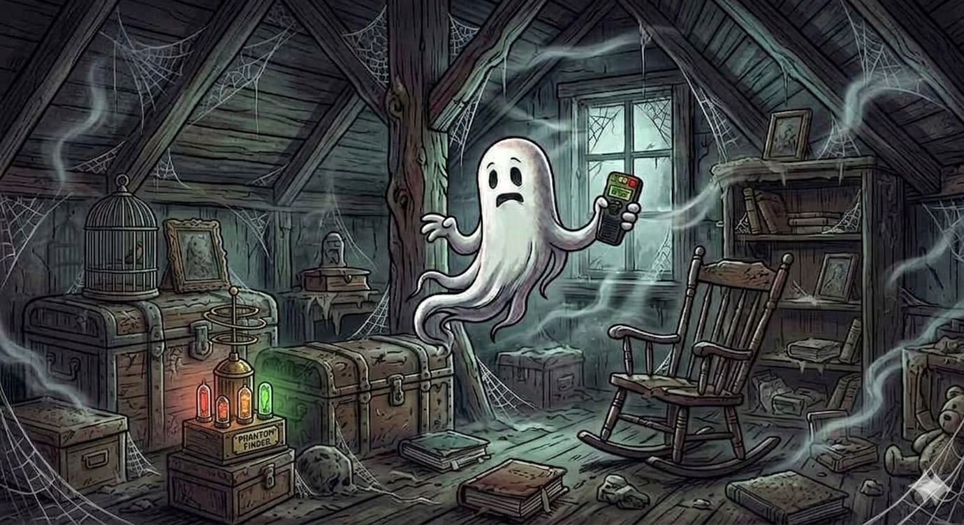 Phantom-Finder site artwork featuring Sasquatch, extraterrestrial, and ghost in an eerie scene