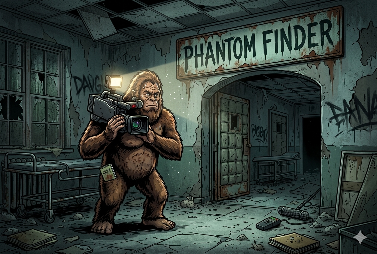 Phantom-Finder character artwork showing Bigfoot, alien, and ghost together in a dark mysterious environment