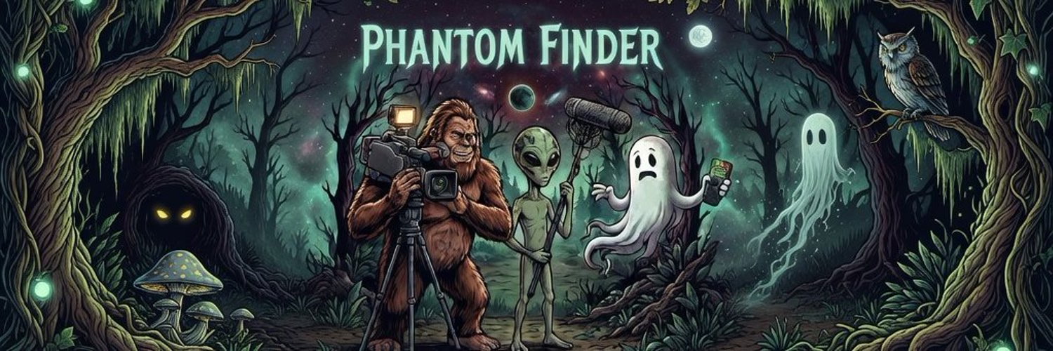 Phantom-Finder spooky scene illustration featuring the ghost, Bigfoot, and alien mascot characters
