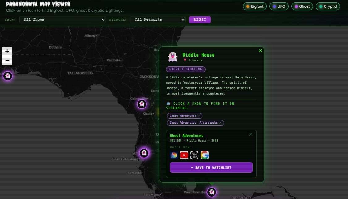 Interactive Phantom-Finder map showing color-coded Bigfoot, UFO, ghost, and cryptid sighting pins across the United States